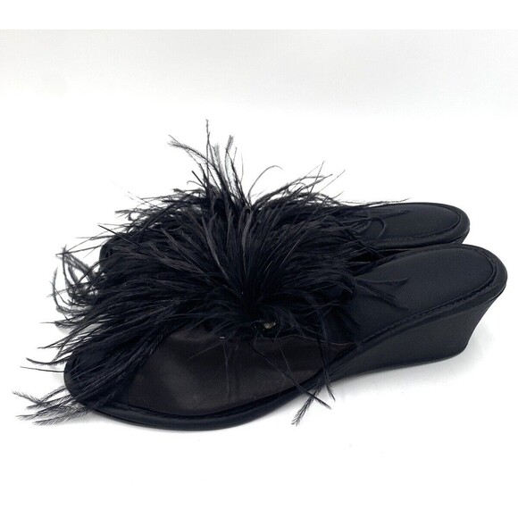 Vintage Madye's Fru-Fru Fancy Wedge Heel Black Slippers w Feathery Detail L 8-9 - Picture 5 of 12